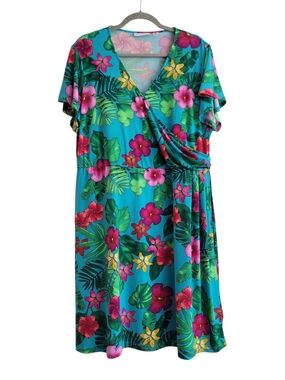 Susan Graver 1XP Liquid Knit Faux Wrap Hawaiian Floral Dress Plus Petite